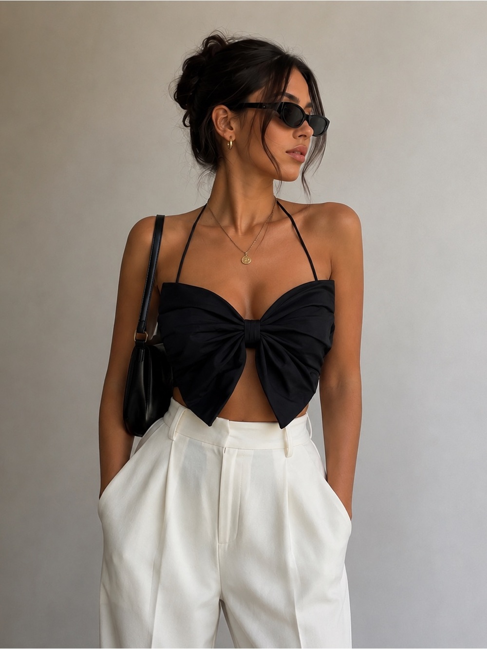 ZARA | Black Bow Front Halter Crop Top | XS
